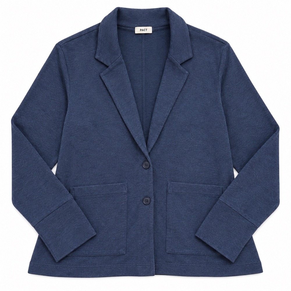 Pact Womens Medium Knit Cardigan Navy Blue Two Button Patch Pocket Jacket Cotton